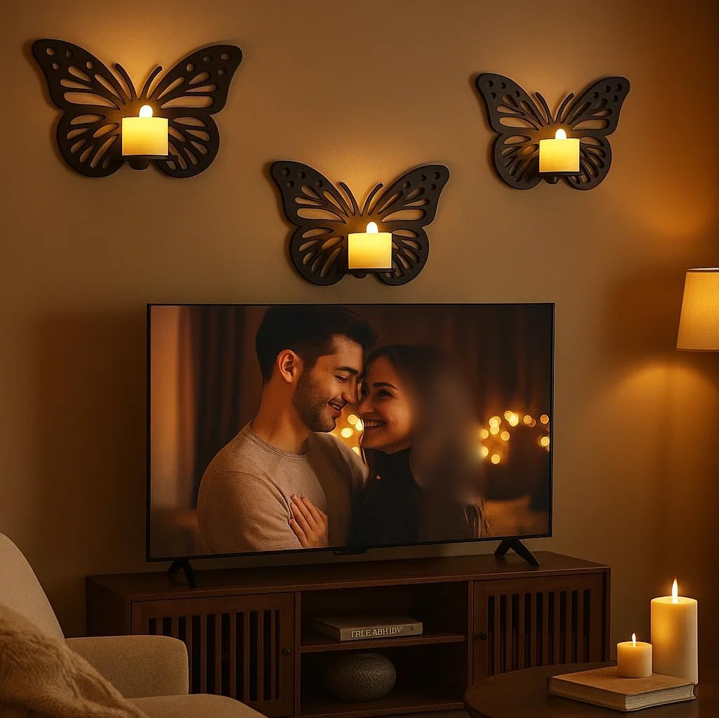 طقم لوحات حائط مودرن مضيئة بالـ ليد بتصميم "الفراشات" (3 قطع) - خشب ام دي اف فاخر