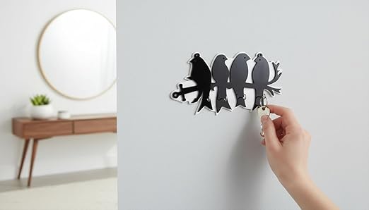 عليقة مفاتيح حائط ديكور مودرن بتصميم "عصافير على غصن" (4 خطافات) - أسود