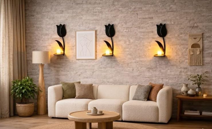 طقم تابلوهات حائط مودرن مضيئة بتصميم الزهور (3 قطع) - إطار خشب